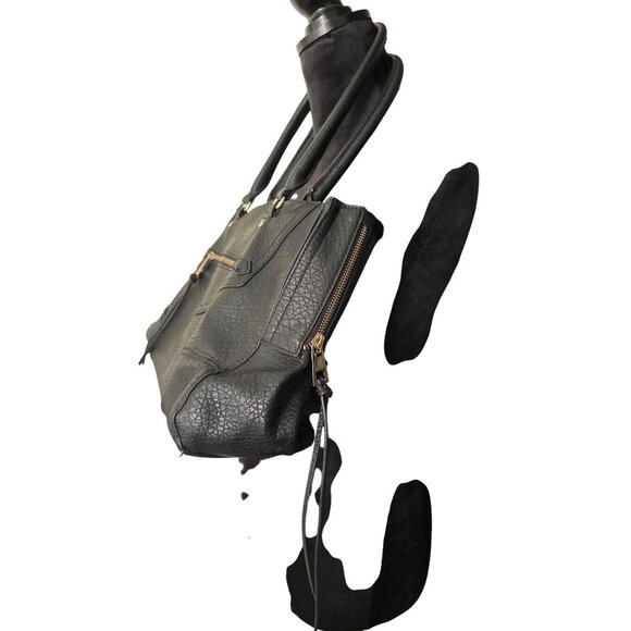 💖Large Black Textured Leather Satchel Bag, Dual Handles & Gold Zipper Accents - Picture 2 of 9